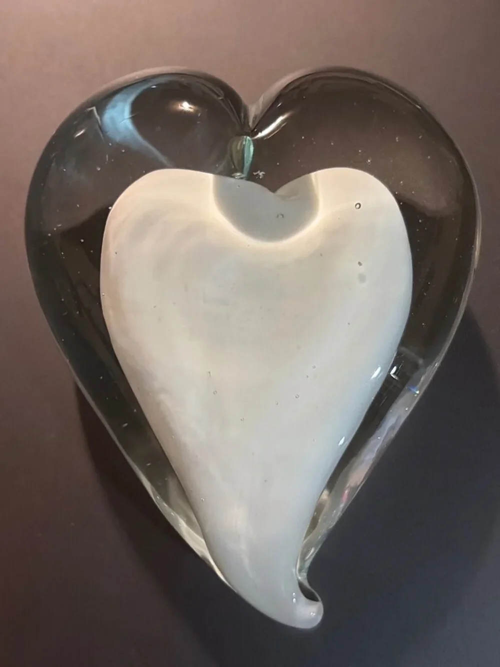 Vintage Heart-Shaped Art Glass Paperweight With White Heart Inside Design
